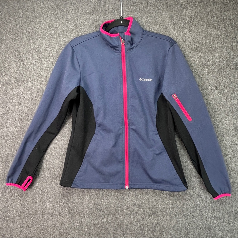 Columbia Jacket Womens Medium Pink Blue Softshell Full Zip Thumbholes Colorblock